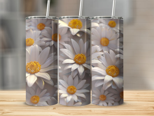 Three tumblers featuring a close-up pattern of white daisies with yellow centers.
