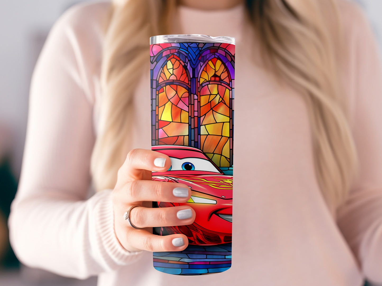 Colorful Stained Glass Race Car Tumbler Cup Art