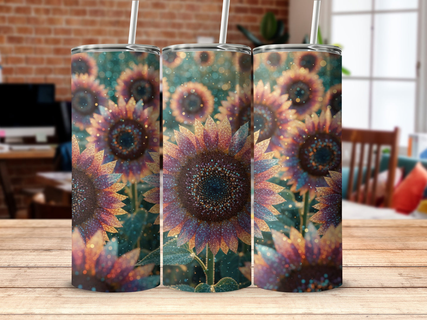 Sunflower Theme Glittery Tumbler for Beverages