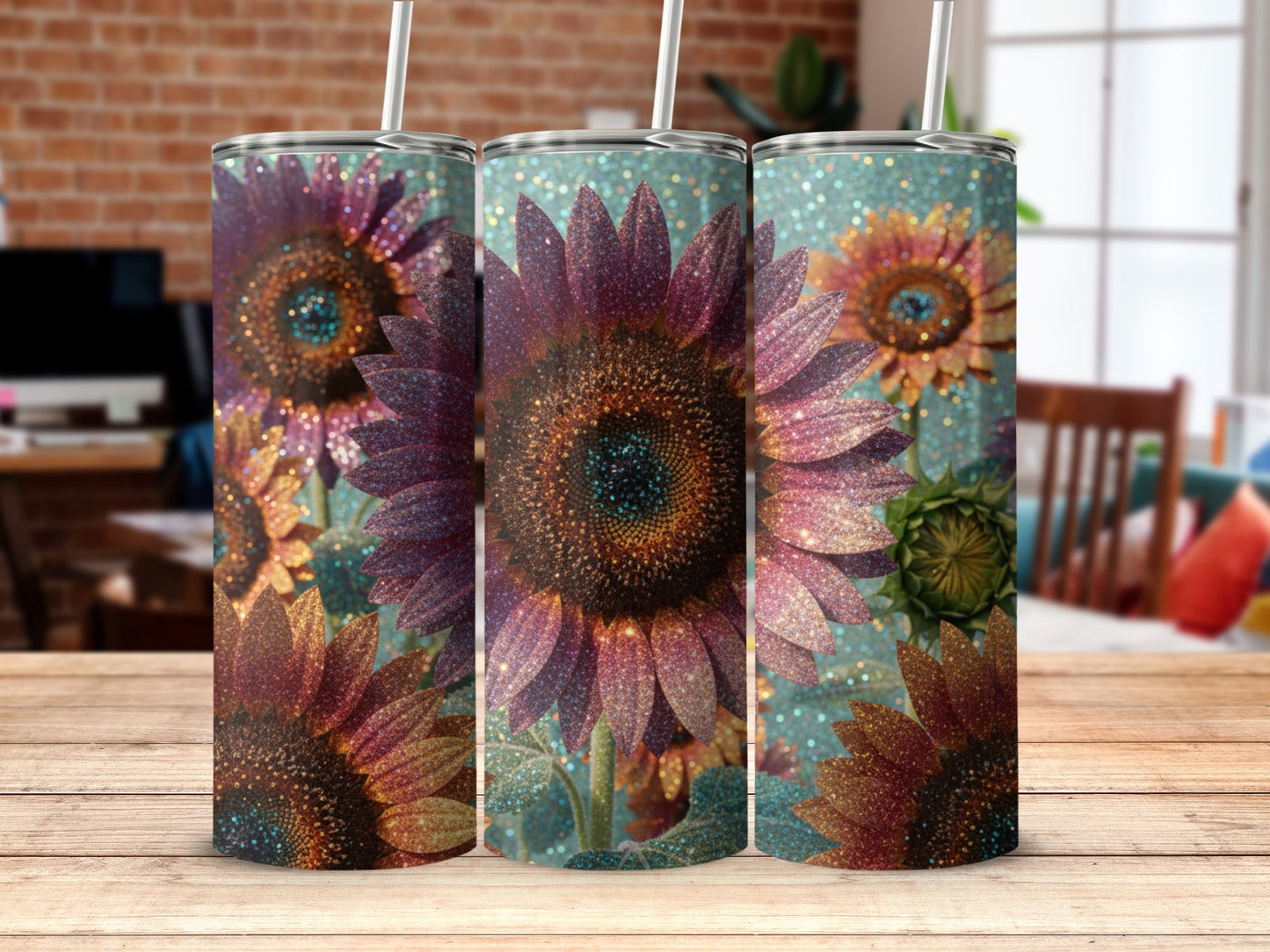 Colorful Glitter Sunflower Design Insulated Tumbler