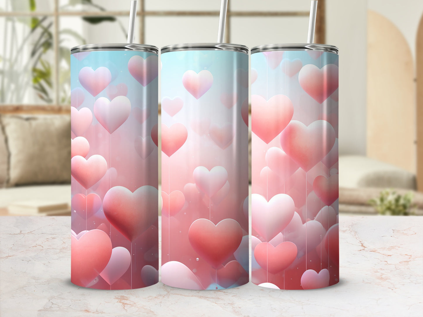 Pastel Heart Pattern Tumbler with Straw Beverage Container