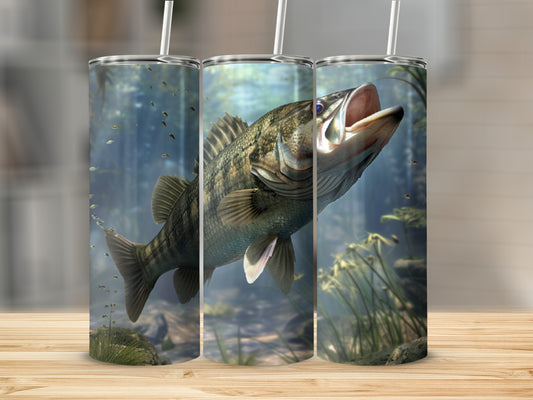 Largemouth bass leaping from water with underwater plants and pebbles.