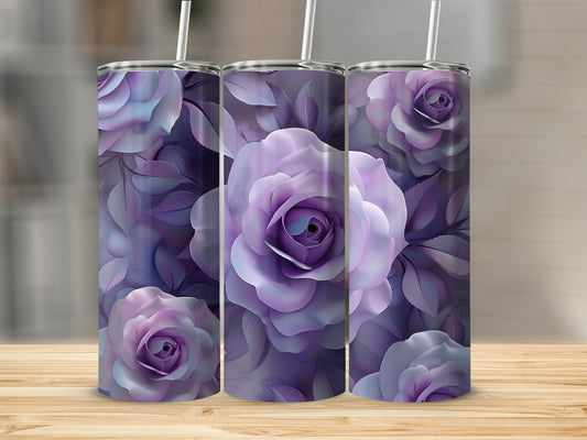 Three tumblers with a purple rose floral pattern.