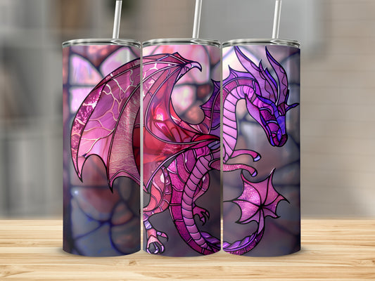 Stained glass dragon design on three tumblers with straws.