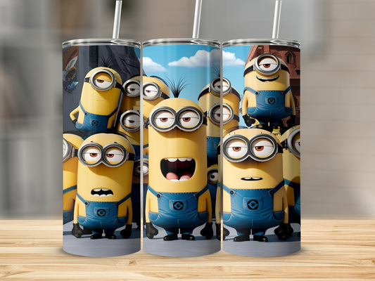 Minions in blue overalls with goggles, some laughing, on a tumbler.