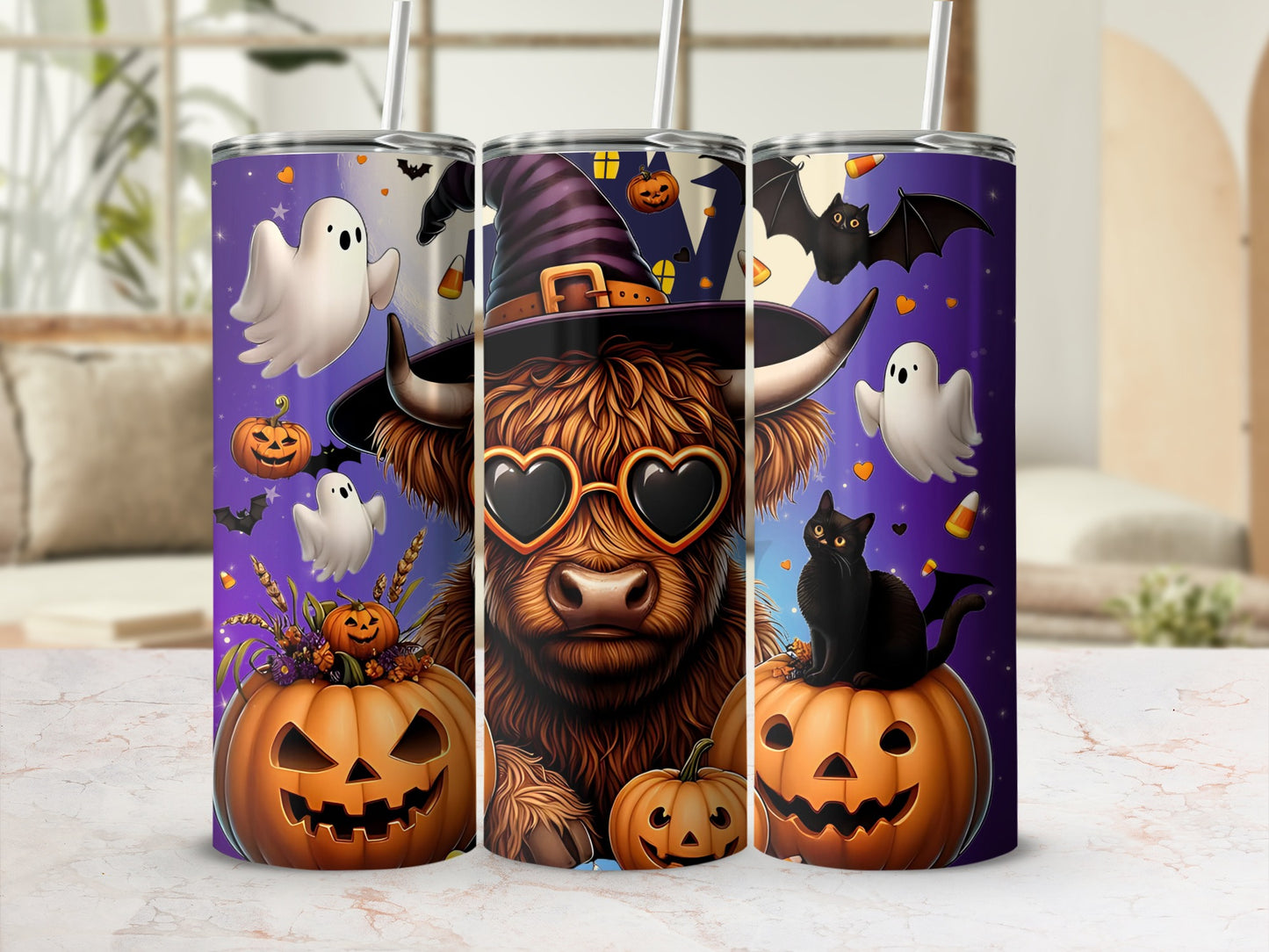 Cute Halloween Highland Cow Pumpkin Tumbler Cup