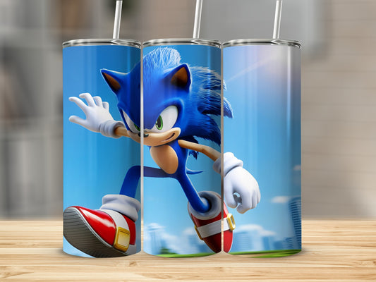 Sonic the Hedgehog running with buildings in the background on a tumbler.