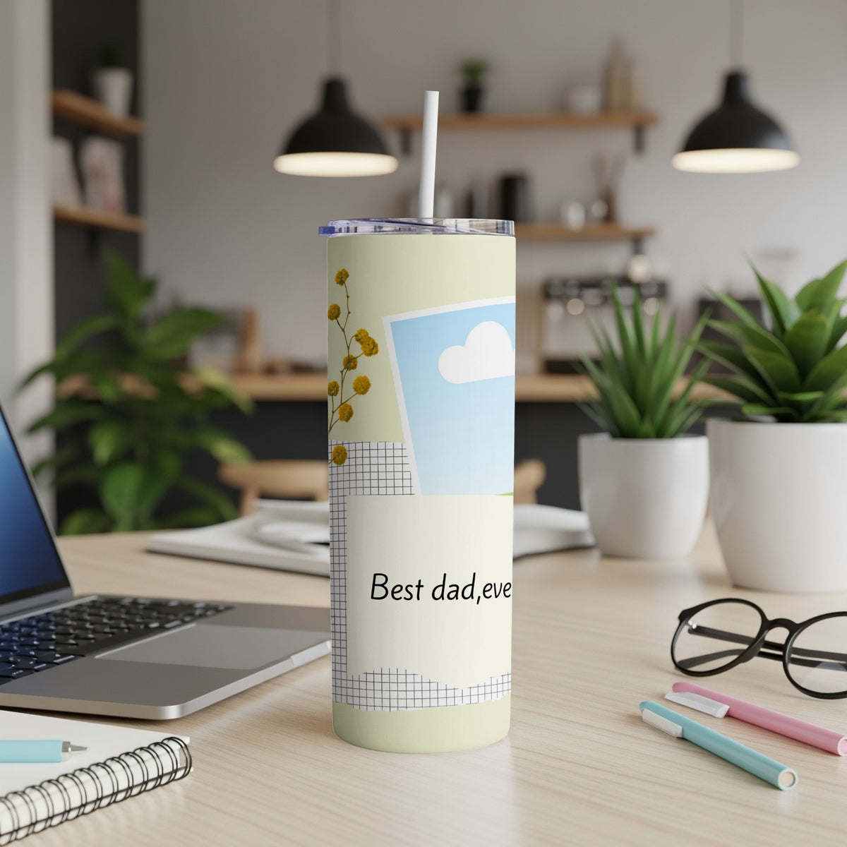 Tall tumbler with a collage design, featuring photos and "Best dad, eve" text.