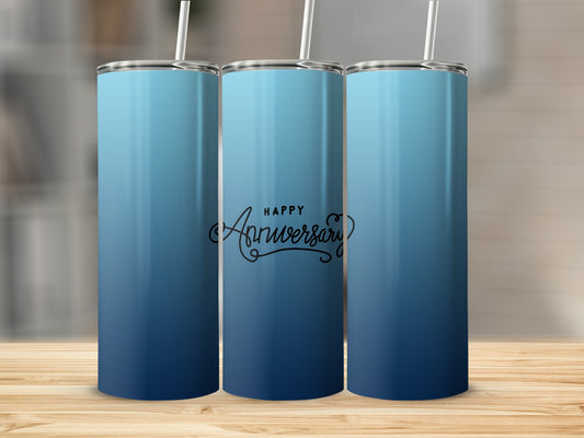 Three blue gradient tumblers with "Happy Anniversary" script on the middle one.