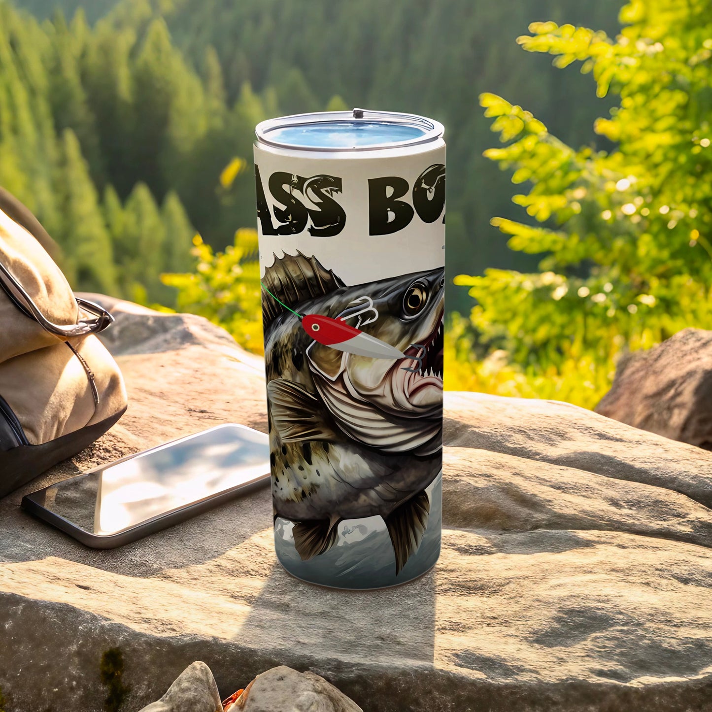 Bass Boat tumbler with fish and lure design.