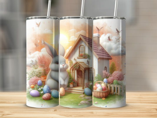 Easter bunny and eggs with a house and basket on a sunny day.
