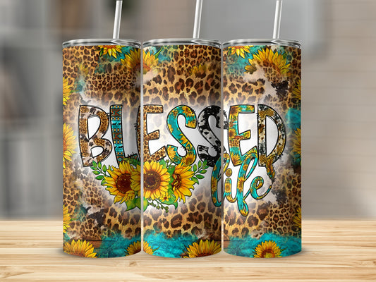 Leopard print tumbler with sunflowers and text "Blessed Life".