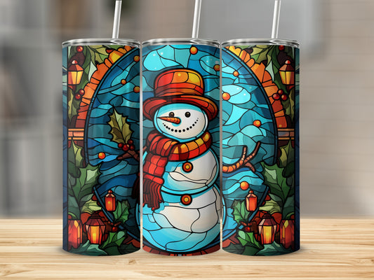 Stained glass snowman tumbler with scarf and hat, surrounded by holly.