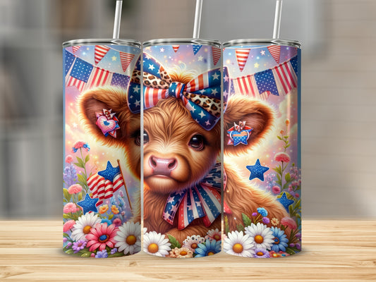 Three patriotic cow tumblers with American flags and colorful flowers.