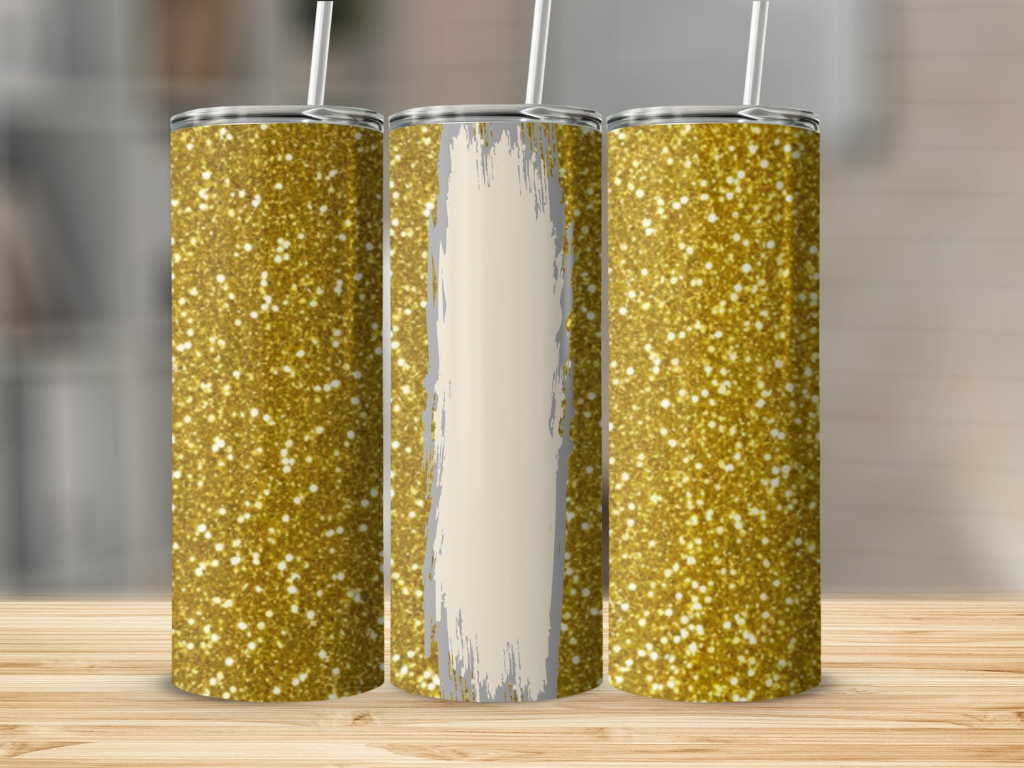 Three gold glitter tumblers with a distressed cream stripe down the center.