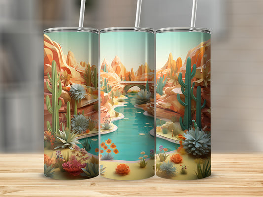 Desert landscape with river, bridge, and cacti, wrapping three tumblers.