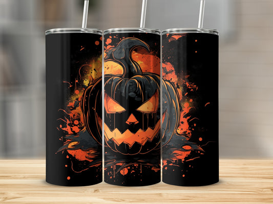 Three tumblers feature a stylized jack-o'-lantern design with bats and orange splashes.
