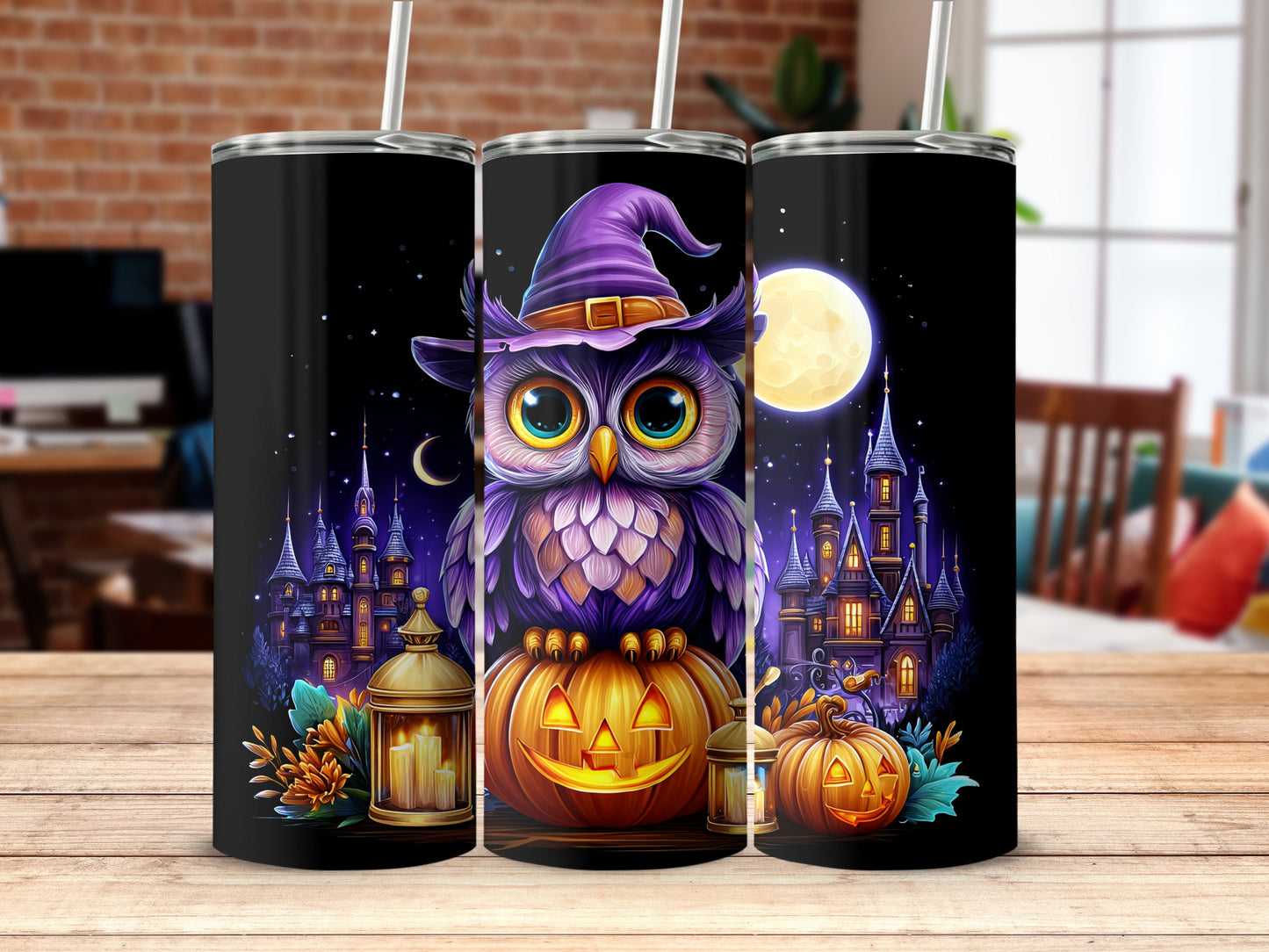 Halloween Owl Witch Pumpkin Castle Tumbler