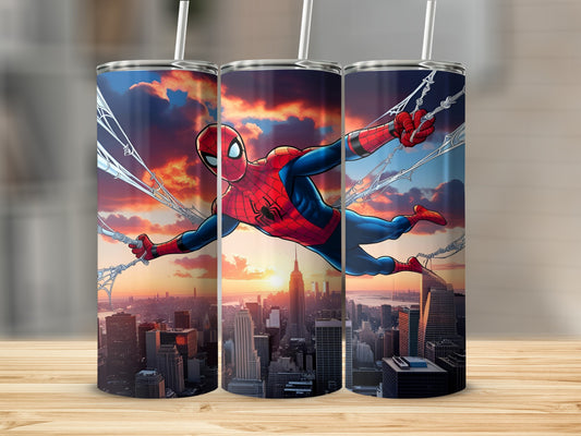 Spiderman swinging through a city at sunset, depicted on three tumblers.