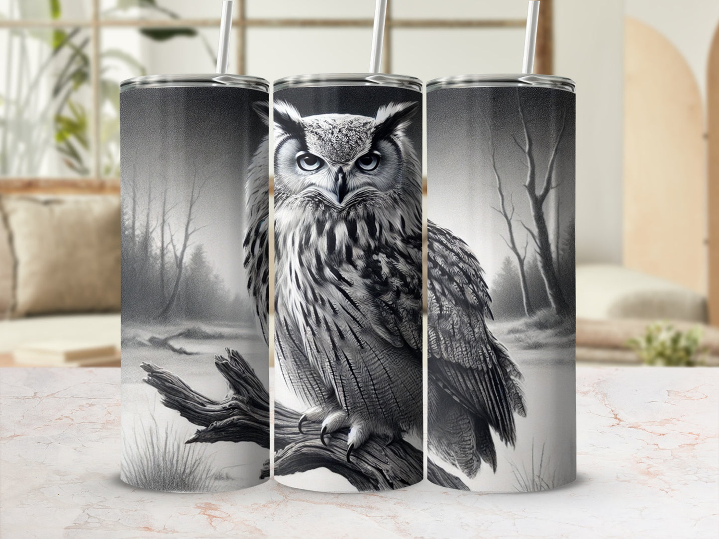 Majestic Owl Artwork on Monochrome Travel Tumbler