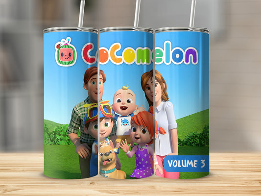 Cocomelon tumbler with cartoon family and dog, Volume 3 label.