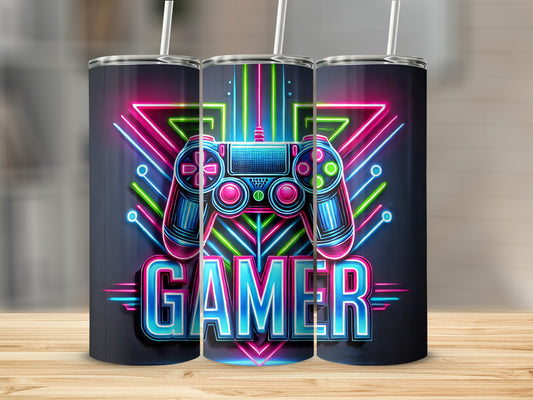 Neon gamer controller with colorful geometric background and straws.