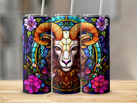 Stained glass ram zodiac sign with flowers on a tumbler.