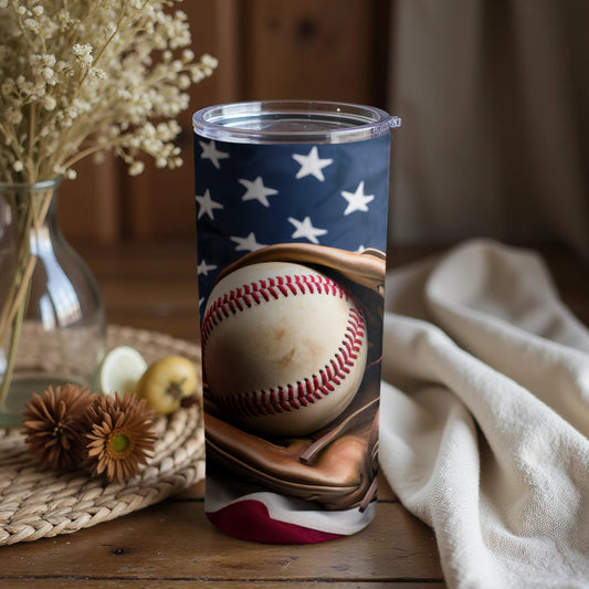 American Flag Baseball Glove Tumbler With Baseball Design