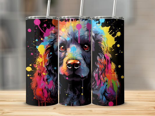 Black dog portrait with colorful paint splatters on black tumblers.