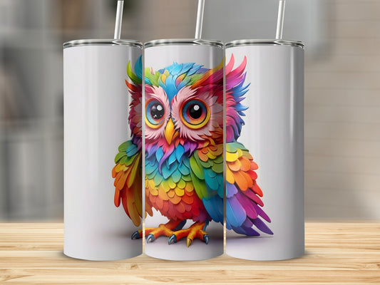 Rainbow owl tumbler with straw, centered on a wooden surface.