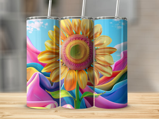 Three tumblers featuring a vibrant sunflower design on a colorful abstract background.
