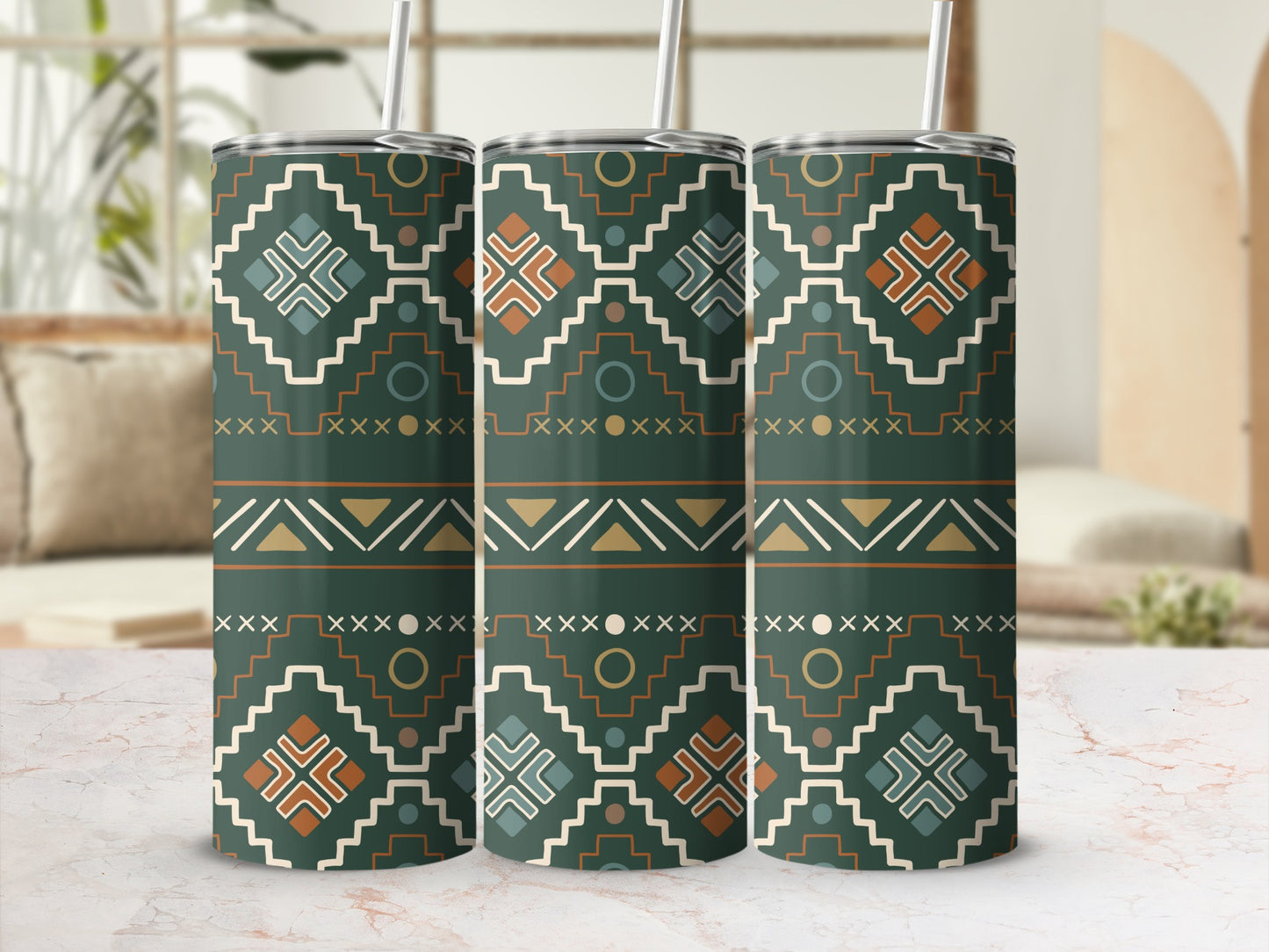 Geometric Tribal Pattern Tumbler with Straw Cup