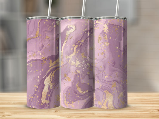 Three tall tumblers with purple and gold marble patterns stand on a wooden surface.