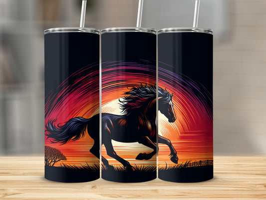 Black horse galloping at sunset with colorful sky on a tumbler.
