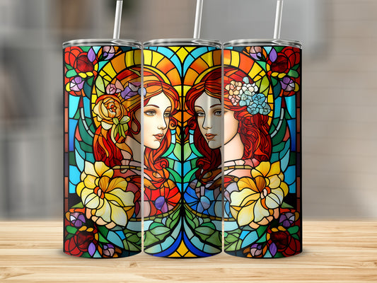 Three stained-glass style tumblers featuring profile portraits of women with red hair and floral accents.