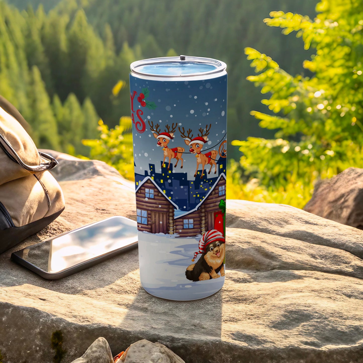 Festive Reindeer and Dog Holiday Scene Tumbler