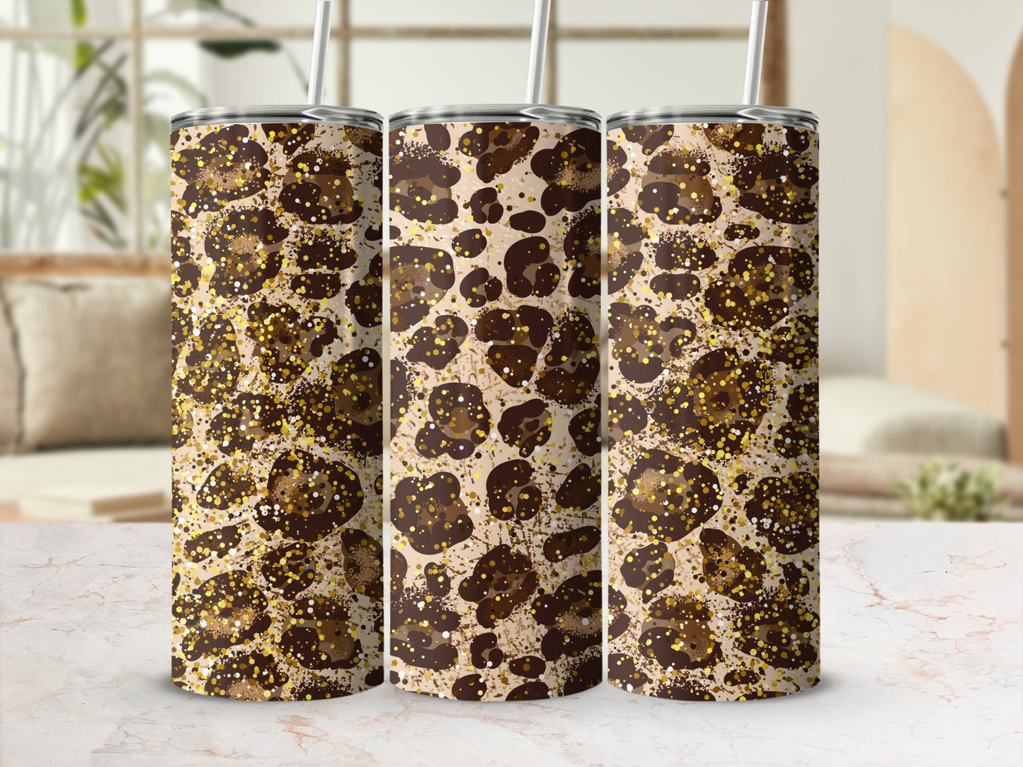 Glittery Brown Leopard Print Tumbler Cup with Straw