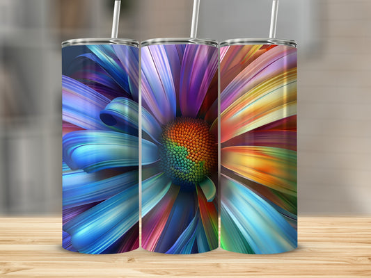 Three tumblers with abstract, colorful flower petal designs.