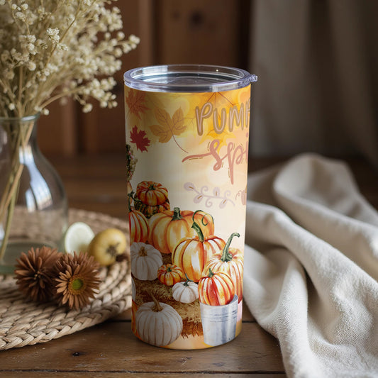 Pumpkin Spice Tumbler with Autumn Harvest Scene