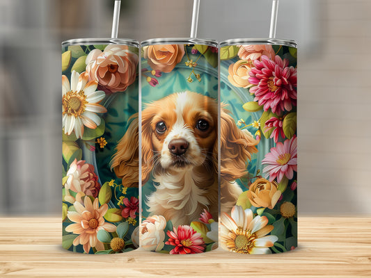 Three tumblers featuring a Cavalier King Charles Spaniel dog portrait surrounded by flowers.