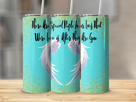 Turquoise tumbler with angel wings and glitter, featuring memorial text.