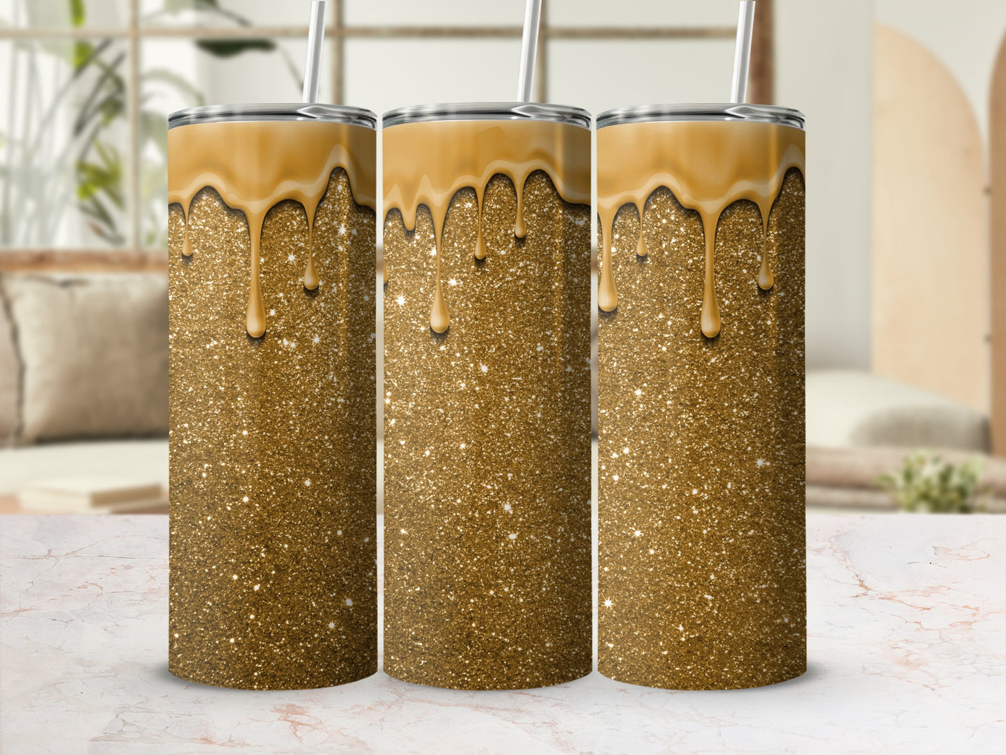 Gold Glitter Drip Design Tumbler Cup Beverage Holder