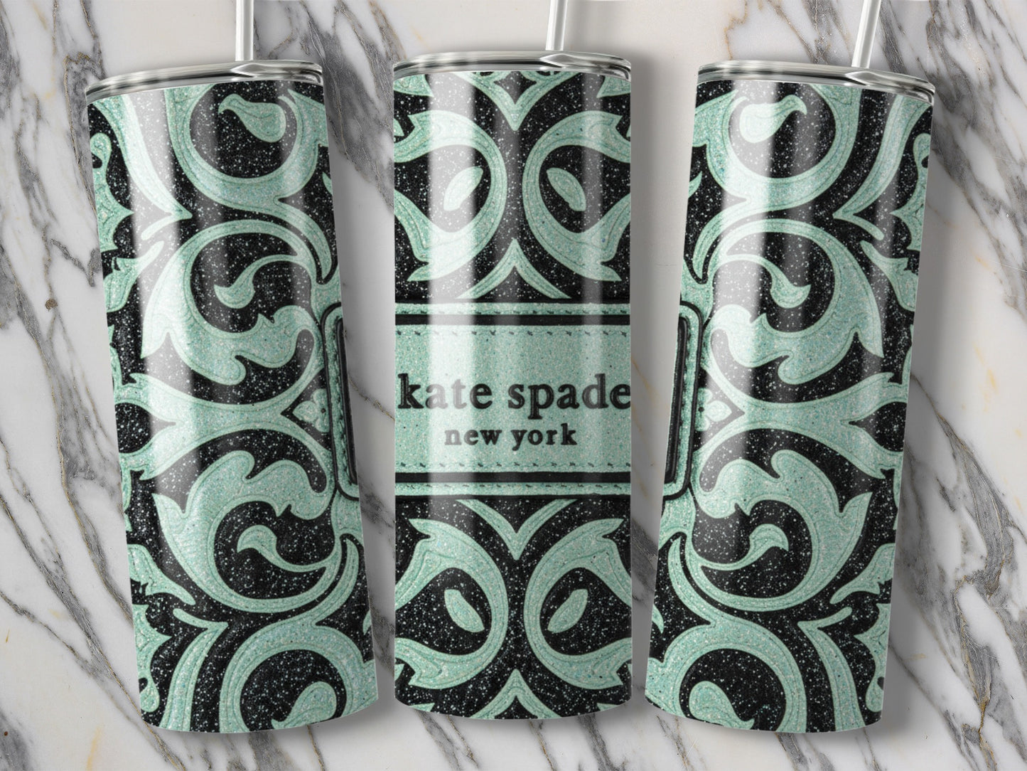 Kate Spade Inspired New York Black Aqua Floral Tumblers