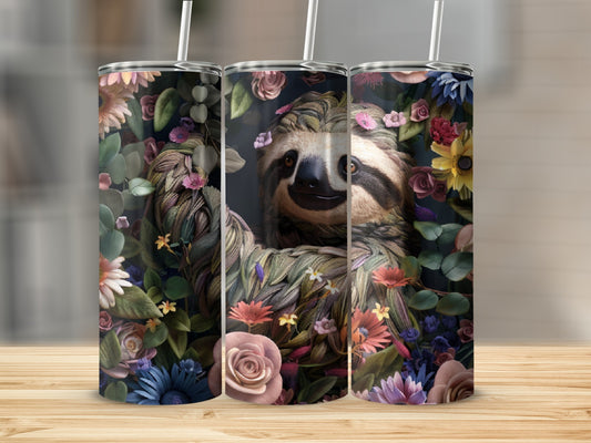 Sloth surrounded by colorful flowers and leaves on a metal tumbler.