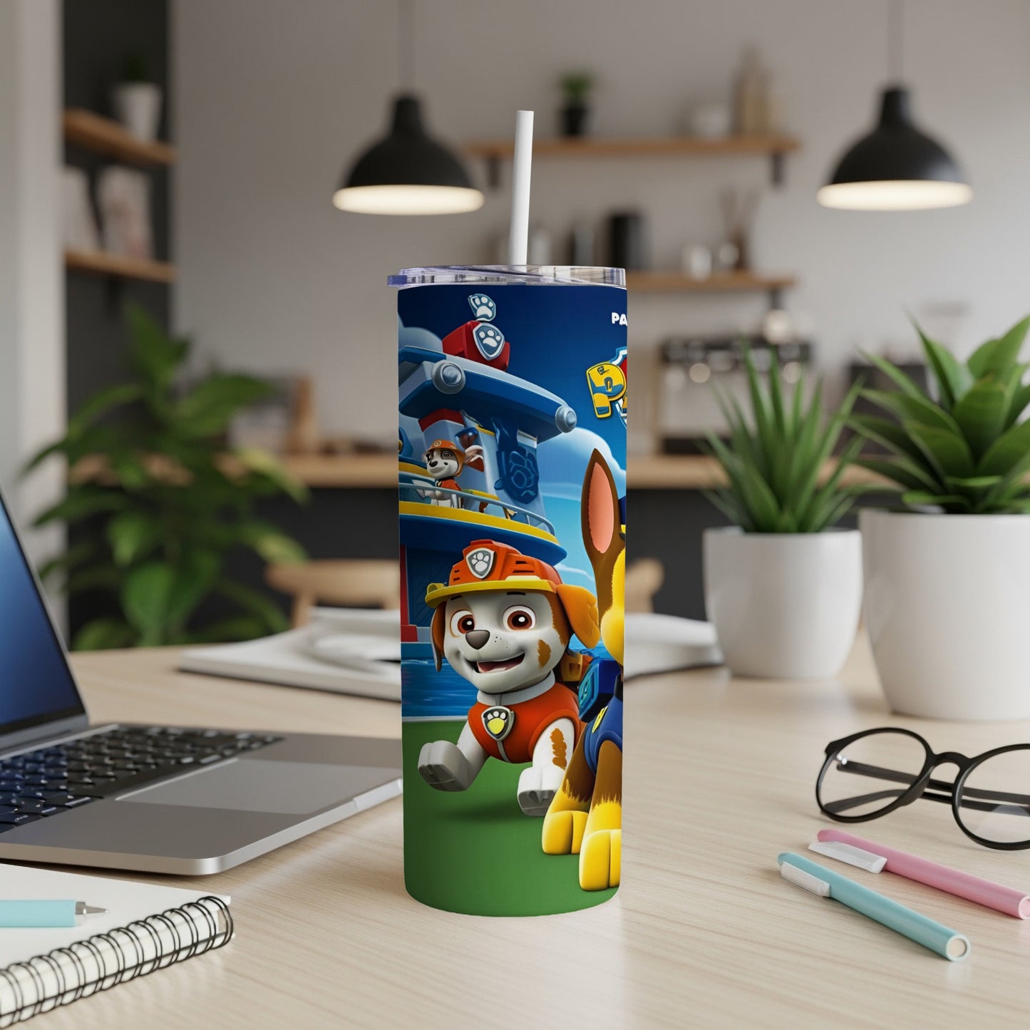 Chase from Paw Patrol on a green background with a white straw.