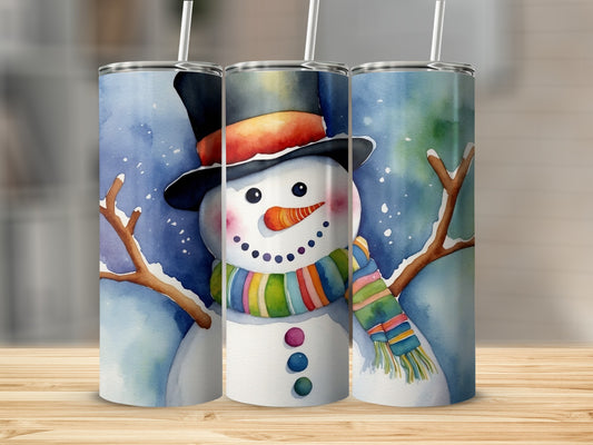 Watercolor snowman with colorful scarf and hat on a blue snowy background.