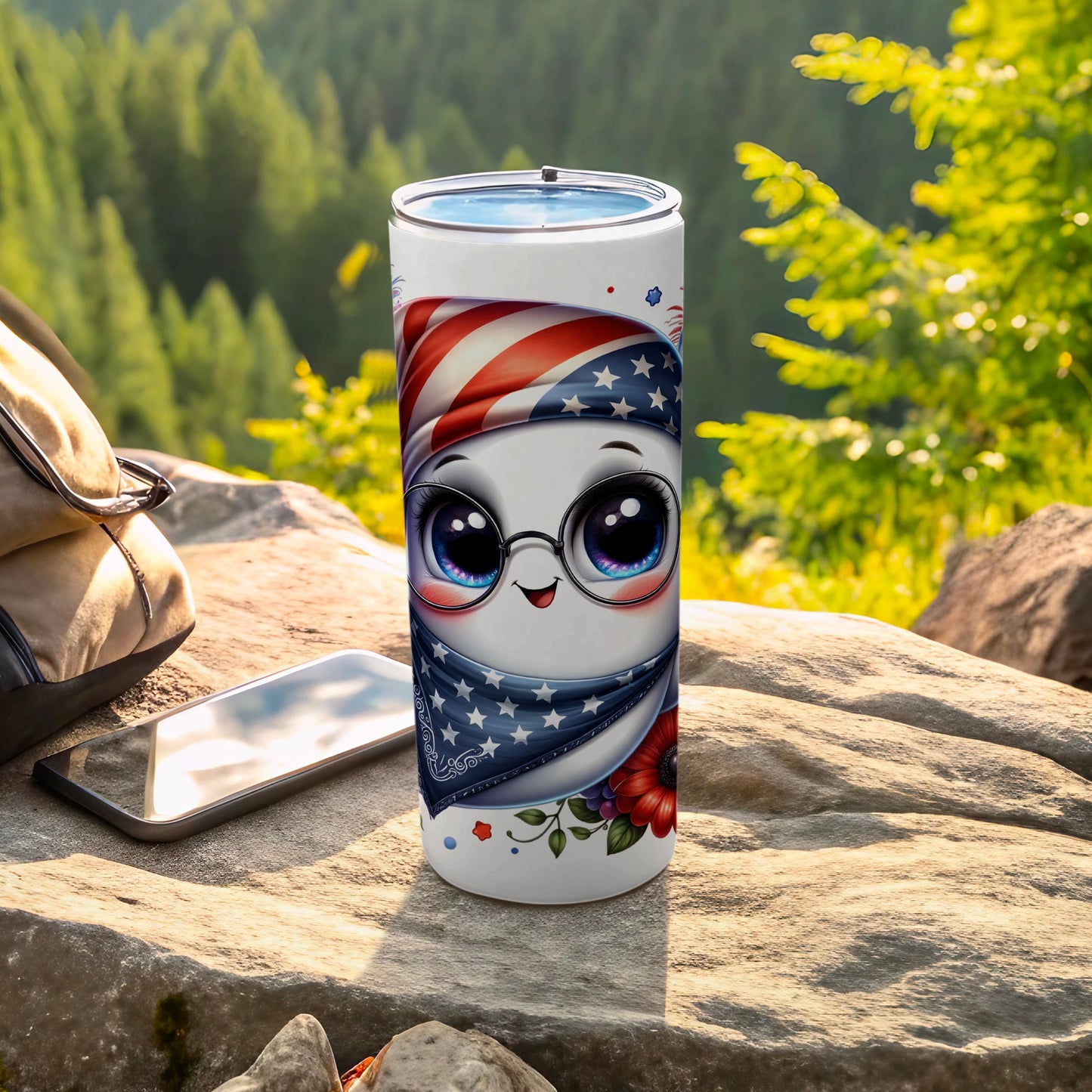 White tumbler with cartoon character wearing American flag bandana and hat, poppy flower.