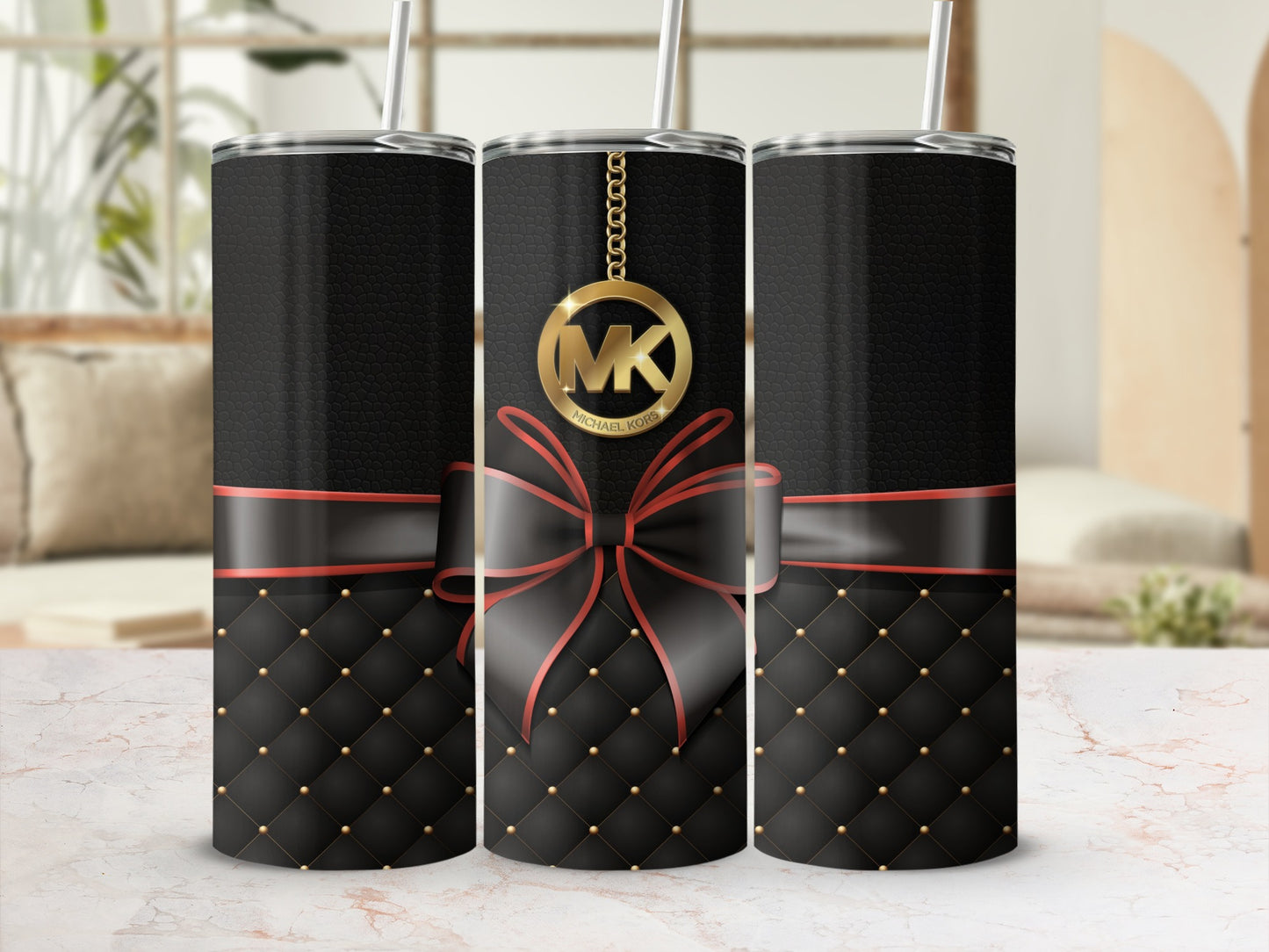 Elegant Black Tumbler with Red Bow and Gold Studs Design