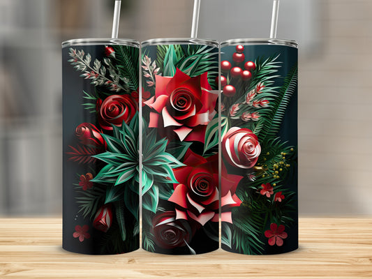 Three tumblers with a dark background and red rose and greenery floral design.