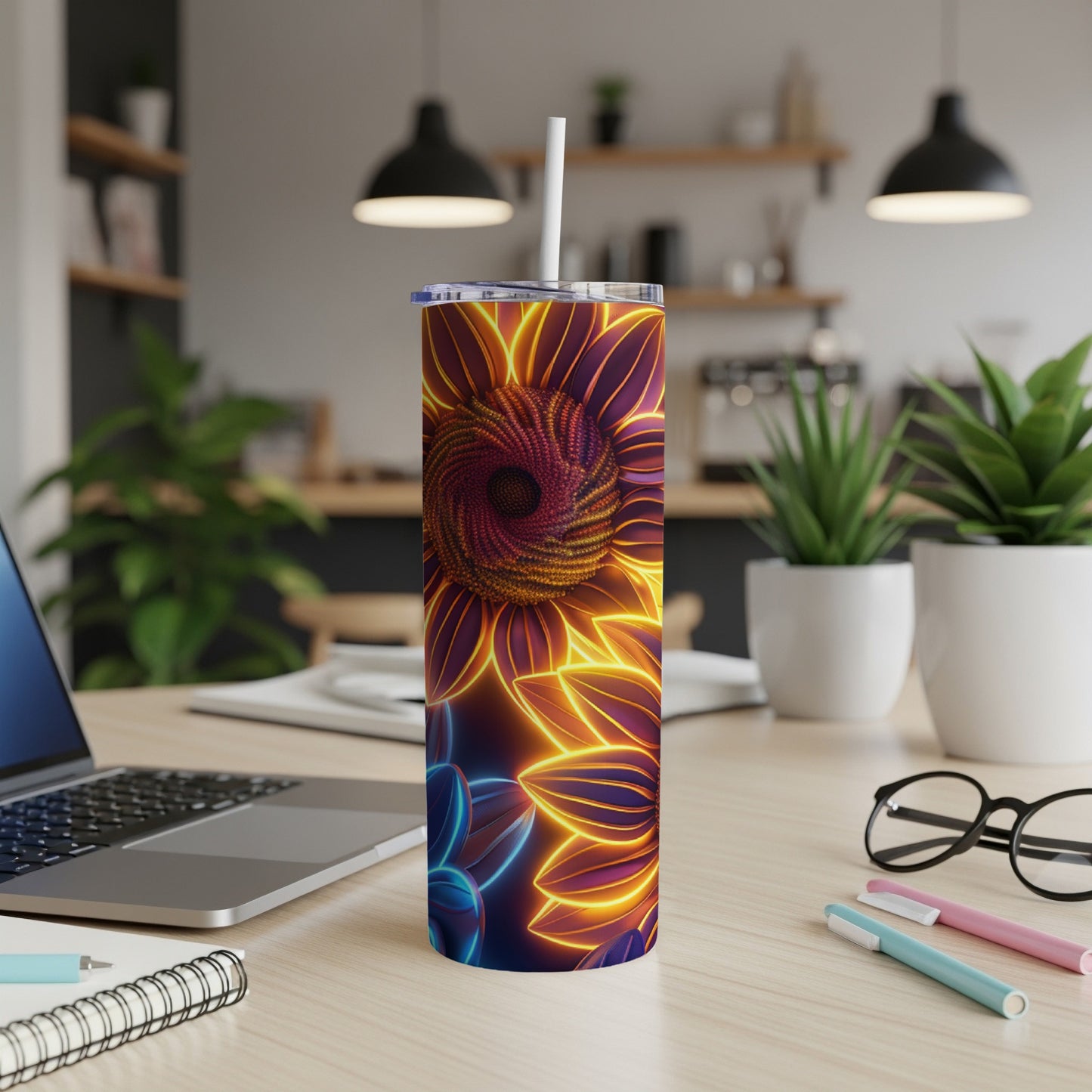 Sunflower tumbler with neon accents on a wooden desk.